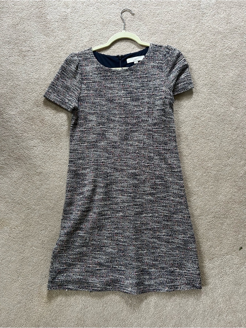 LOFT Navy Multi-Color Tweed Short Sleeve Shift Dress